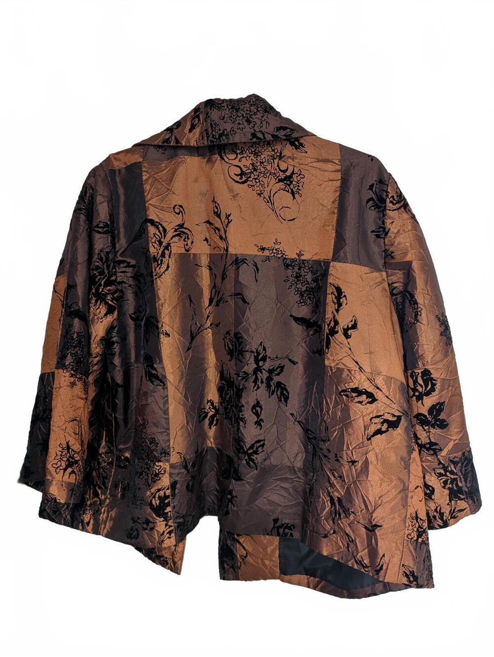 Susan Graver 1X Moody Floral Blazer Copper & Espresso Shimmer Jacket Open-Front - Picture 2 of 9